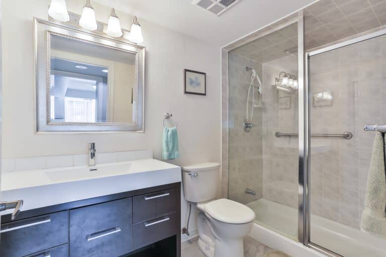 Updated modern bathroom interior with a vanity and glass shower