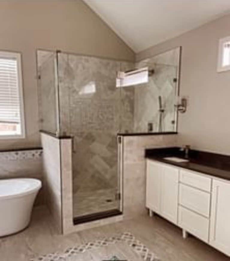 Shower beside Sink and Cabinet - Turnkey Bath Remodel
