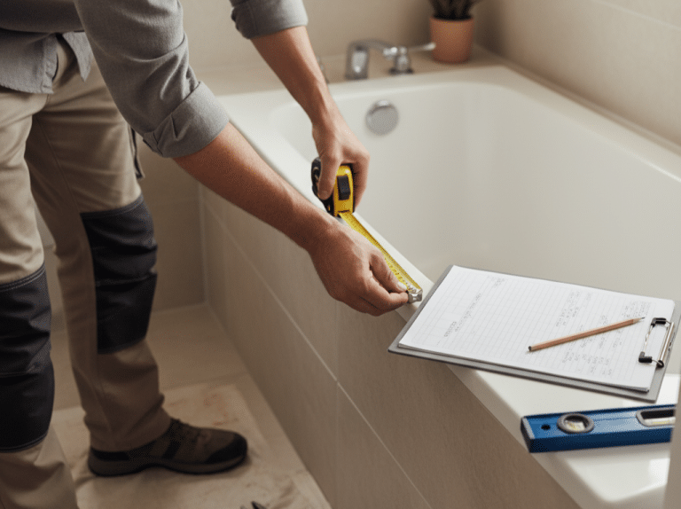 A remodeling contractor measuring a bathtub during a New Orleans project