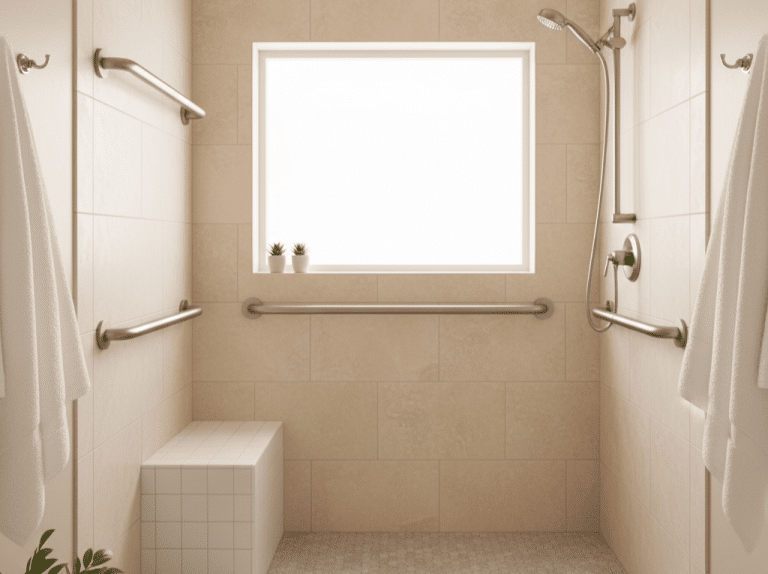 Accessible walk-in shower with grab bars and a built-in bench in a New Orleans bathroom