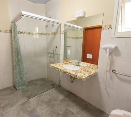 Spacious accessible bathroom with a barrier-free glass shower and grab bars in a New Orleans home